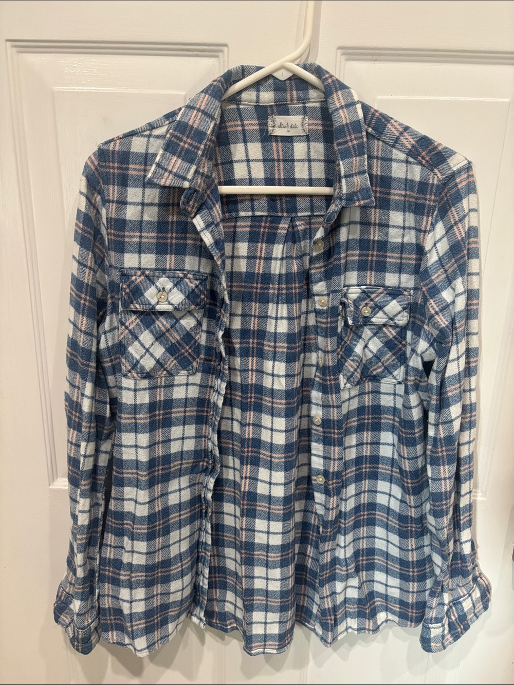 Altar'd State Blue, White & Light Pink/Peach Plaid Button-Up Shirt